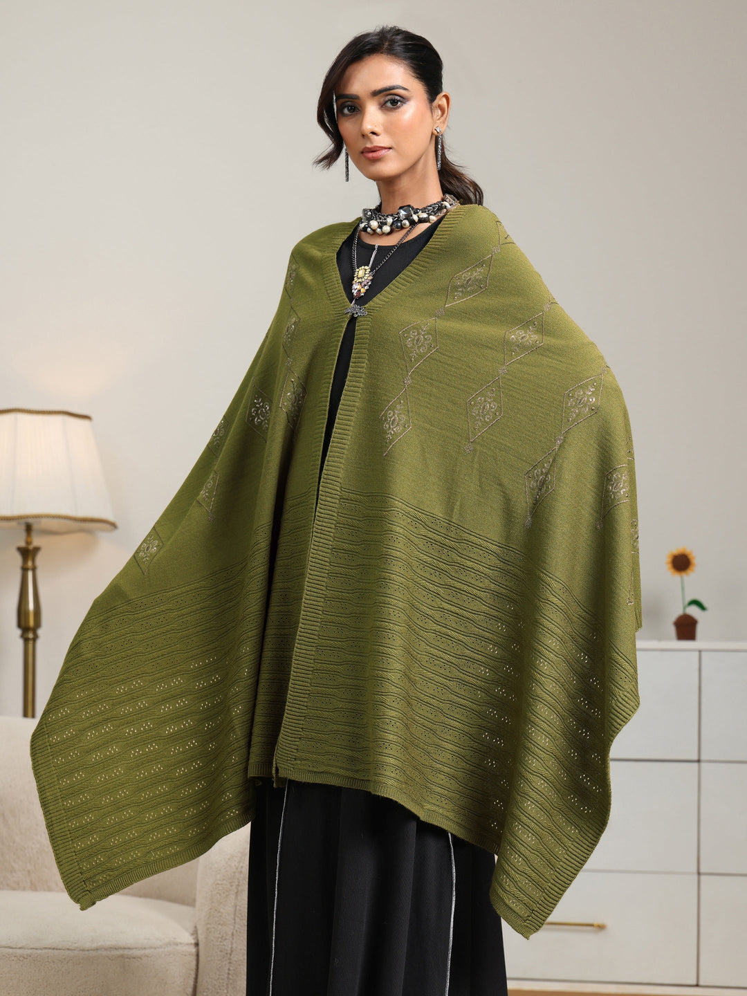  Libas Olive Green Knitted Acrylic Wrap Shawl 