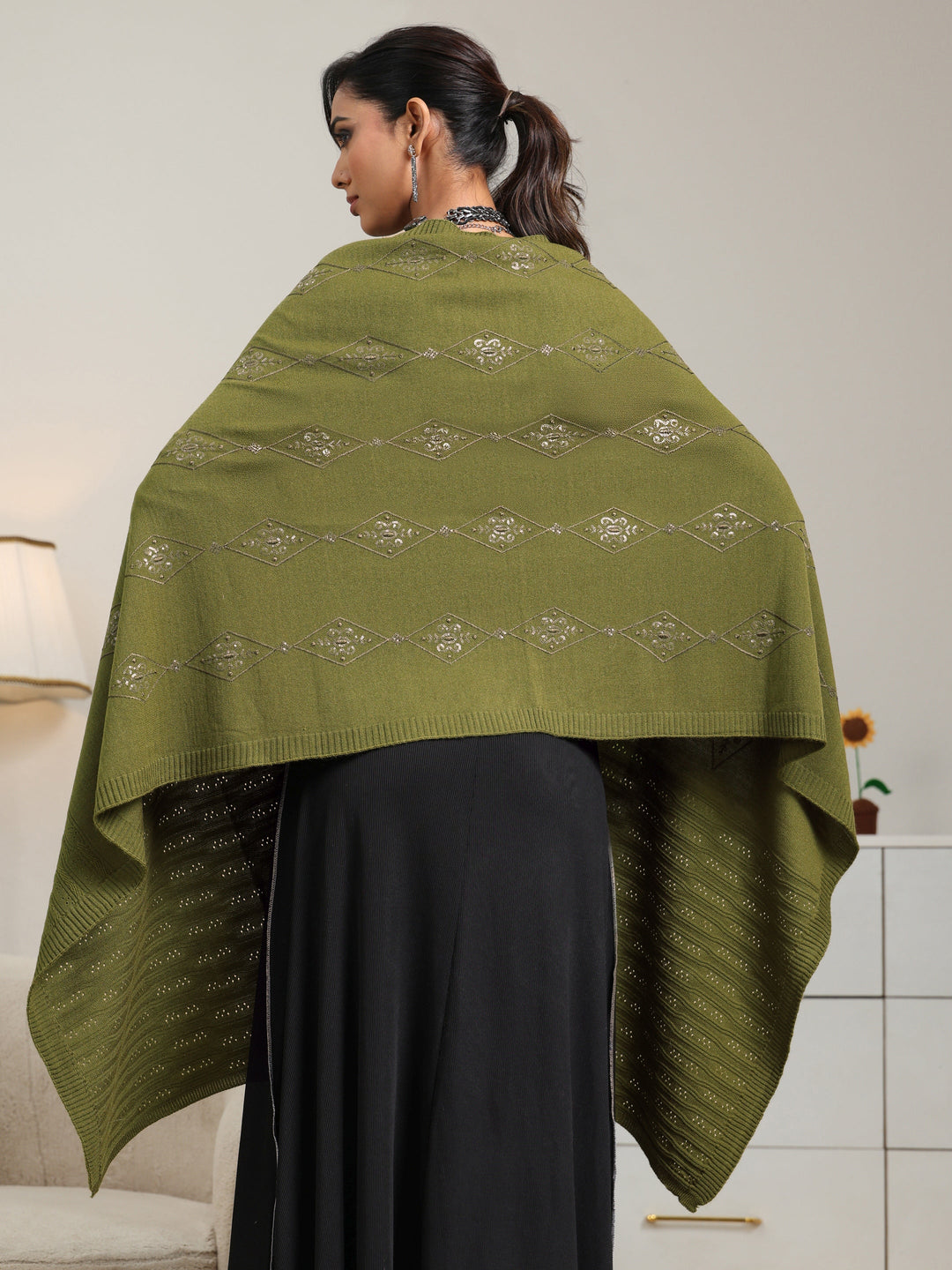  Libas Olive Green Knitted Acrylic Wrap Shawl 