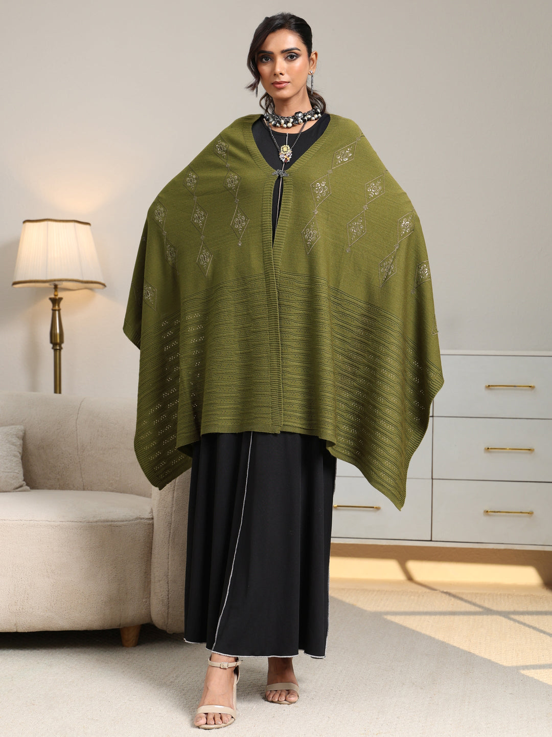  Libas Olive Green Knitted Acrylic Wrap Shawl 