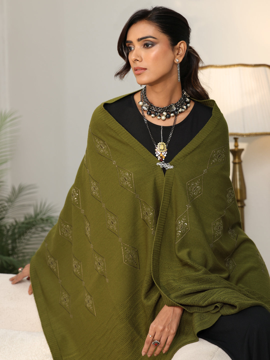  Libas Olive Green Knitted Acrylic Wrap Shawl 