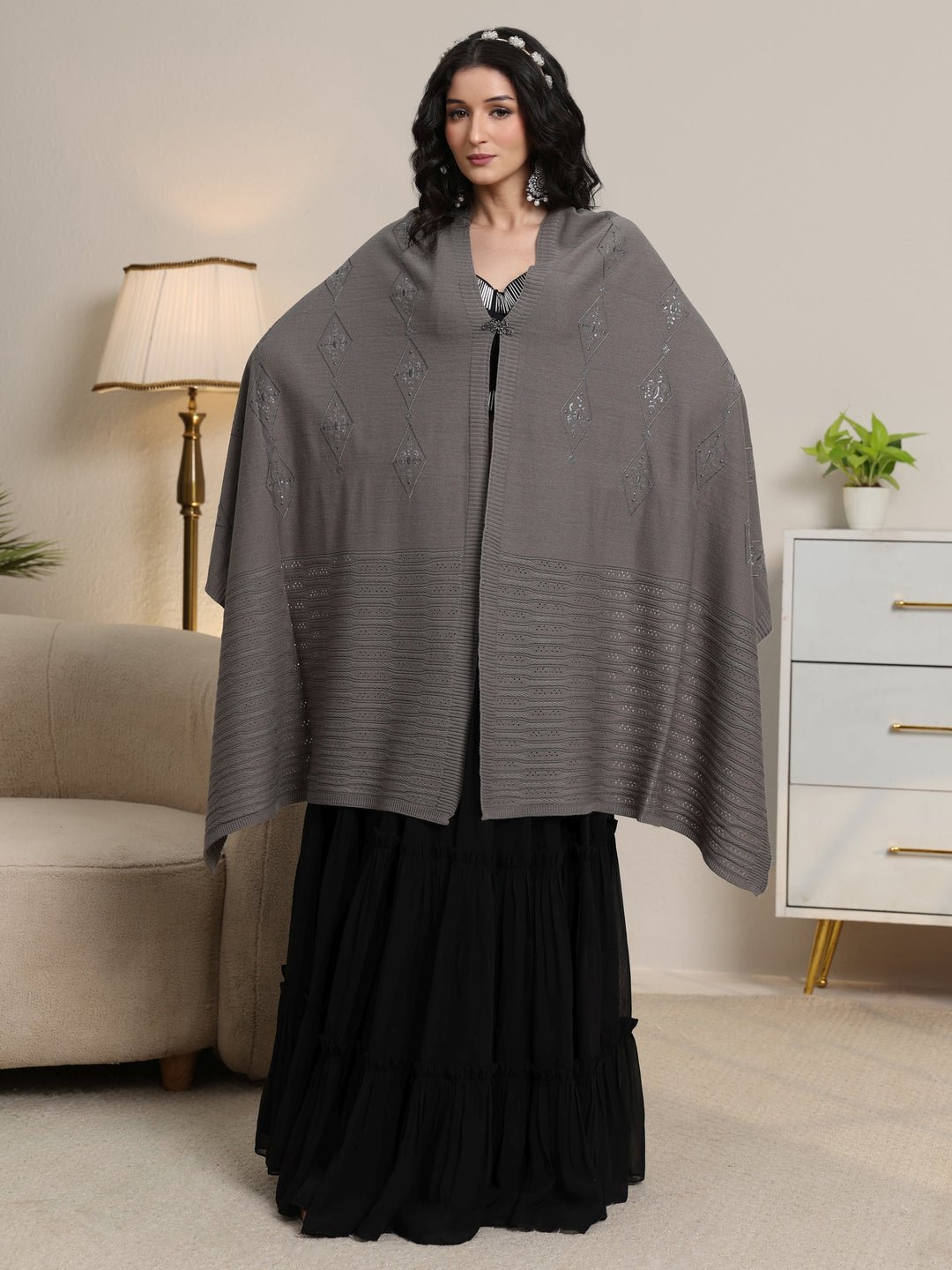  Libas Grey Ethnic Knitted Acrylic Wrap Shawl 