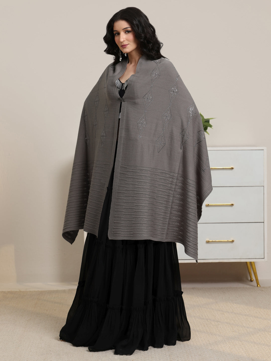  Libas Grey Ethnic Knitted Acrylic Wrap Shawl 