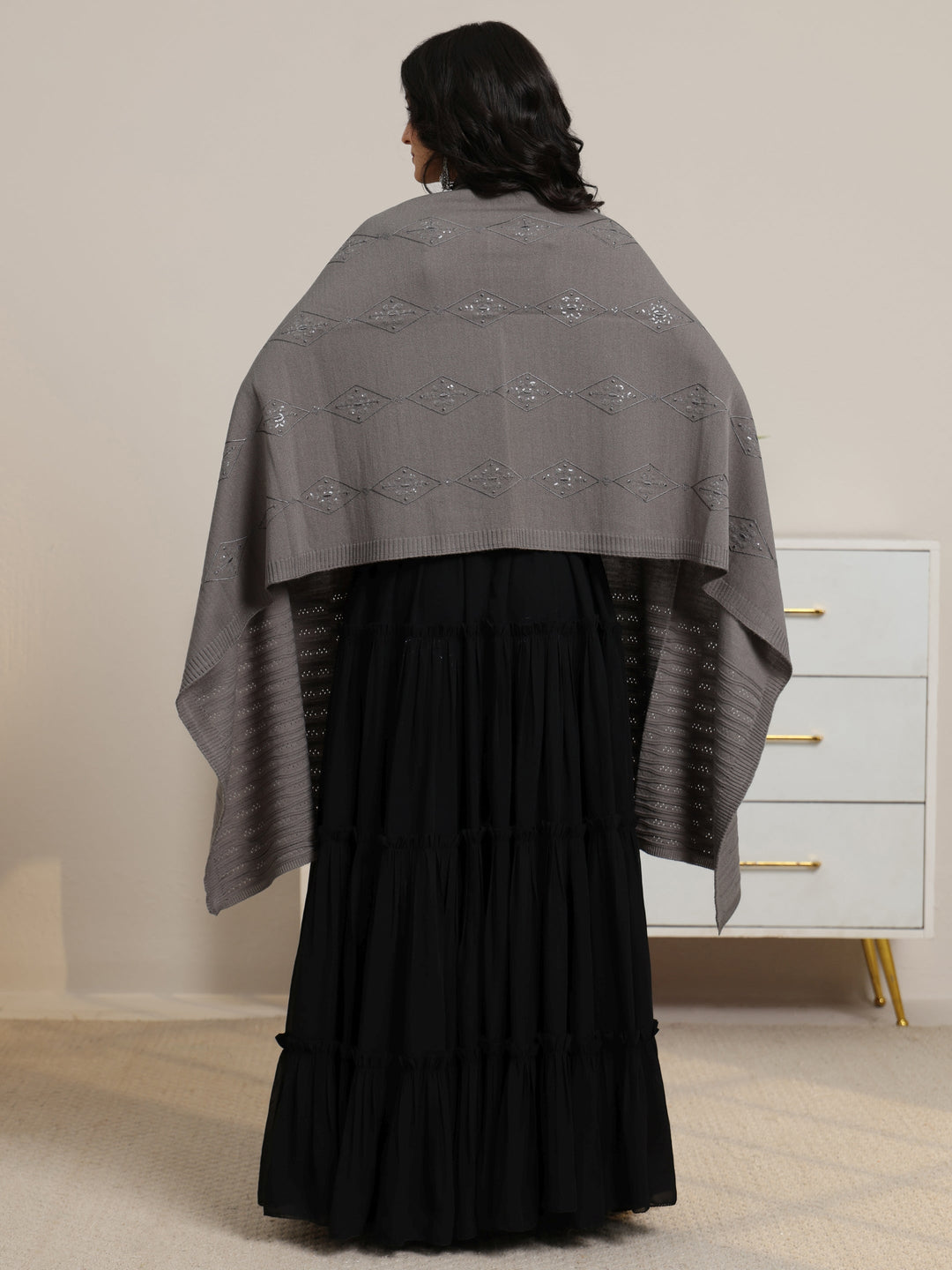  Libas Grey Ethnic Knitted Acrylic Wrap Shawl 