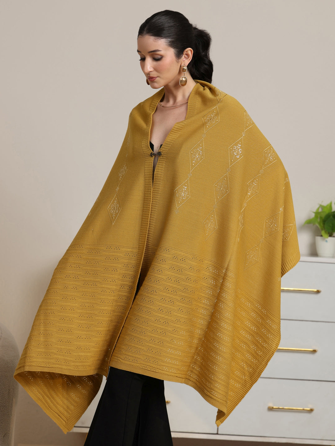  Libas Mustard Ethnic Knitted Acrylic Wrap Shawl 