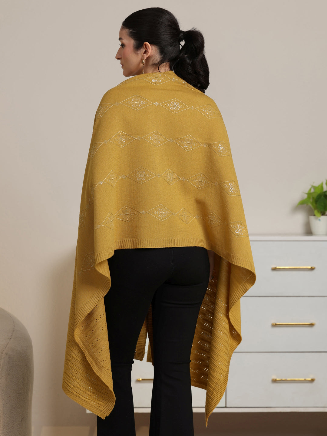  Libas Mustard Ethnic Knitted Acrylic Wrap Shawl 