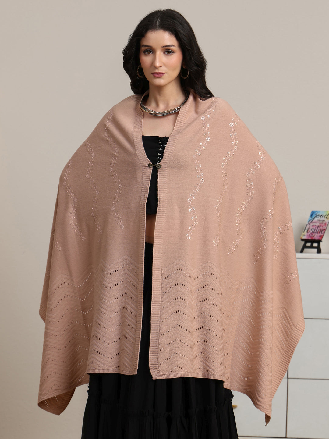  Libas Pink Floral Knitted Acrylic Wrap Shawl 
