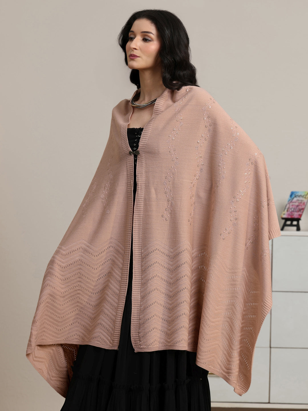 Libas Pink Floral Knitted Acrylic Wrap Shawl 