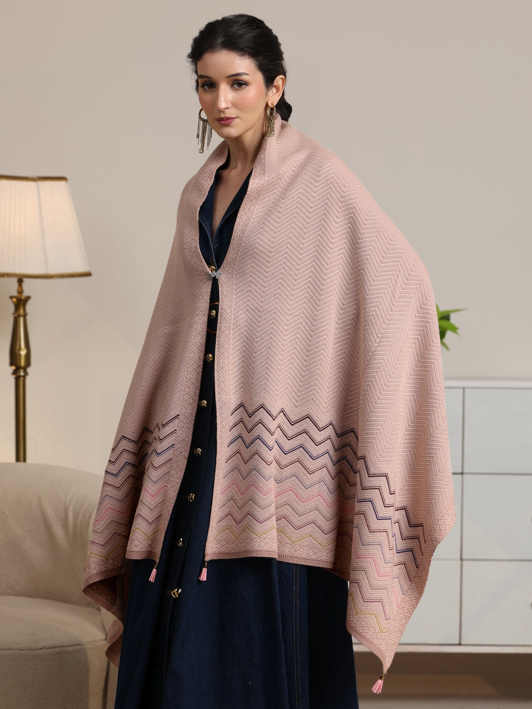  Libas Pink Chevron Knitted Acrylic Wrap Shawl 