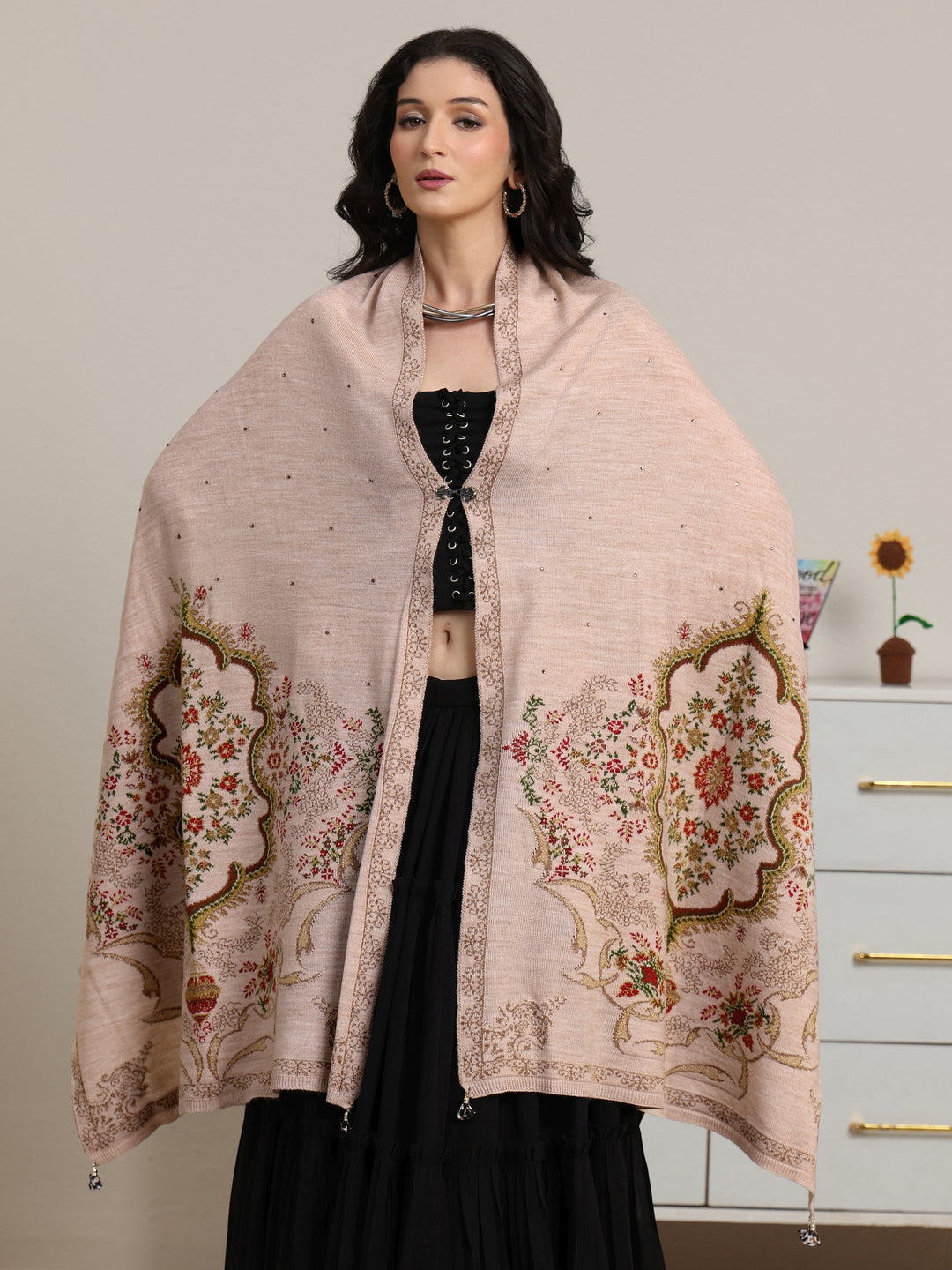  Libas Beige Floral Knitted Acrylic Wrap Shawl 