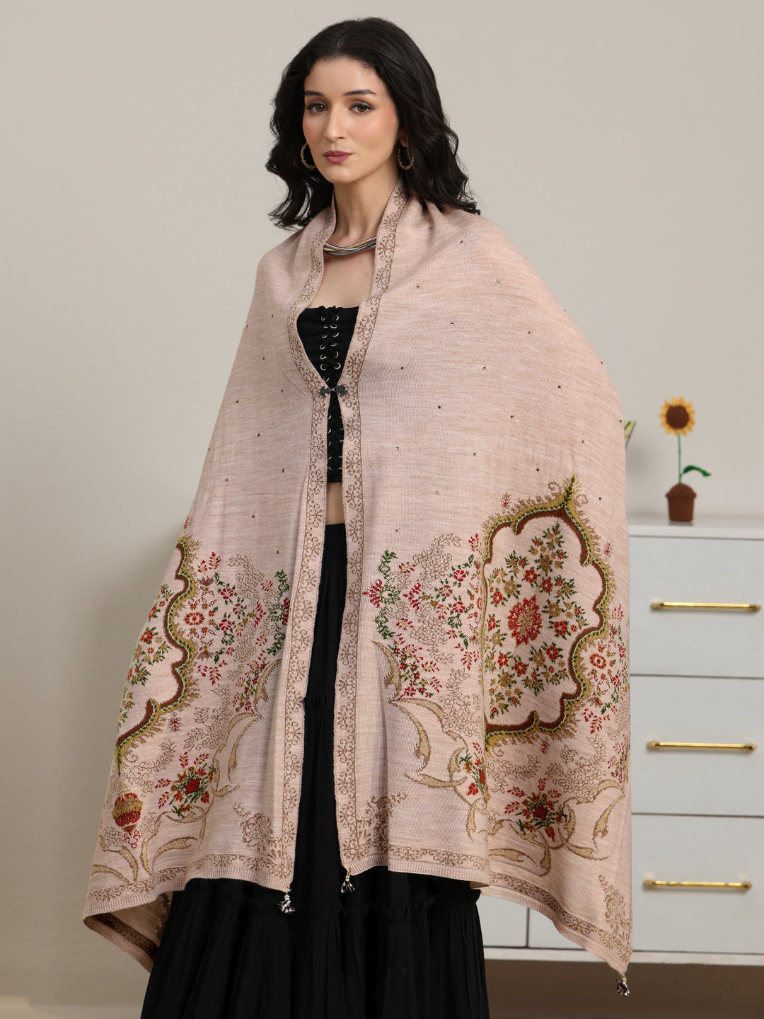 Libas Beige Floral Knitted Acrylic Wrap Shawl 