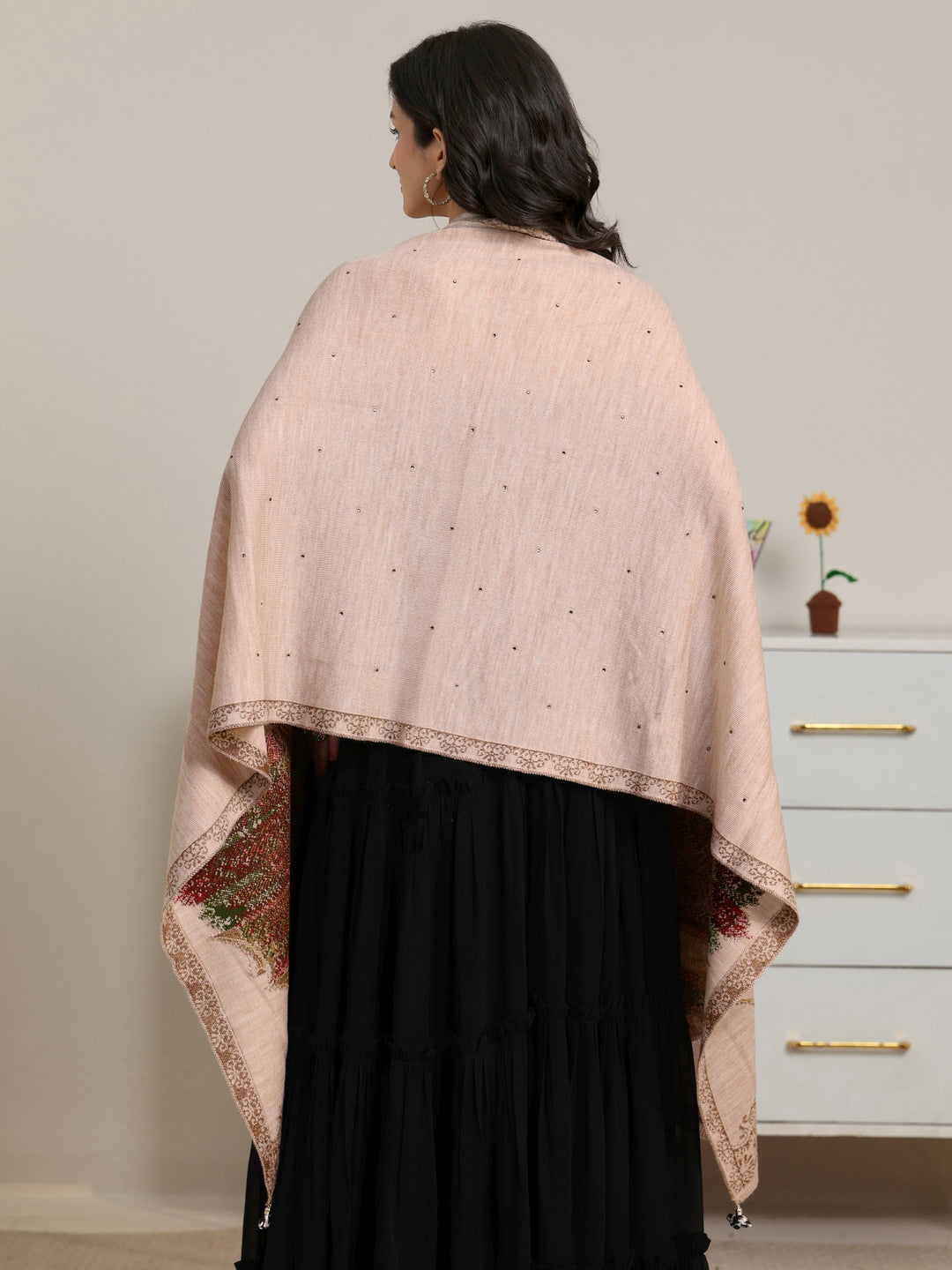  Libas Beige Floral Knitted Acrylic Wrap Shawl 