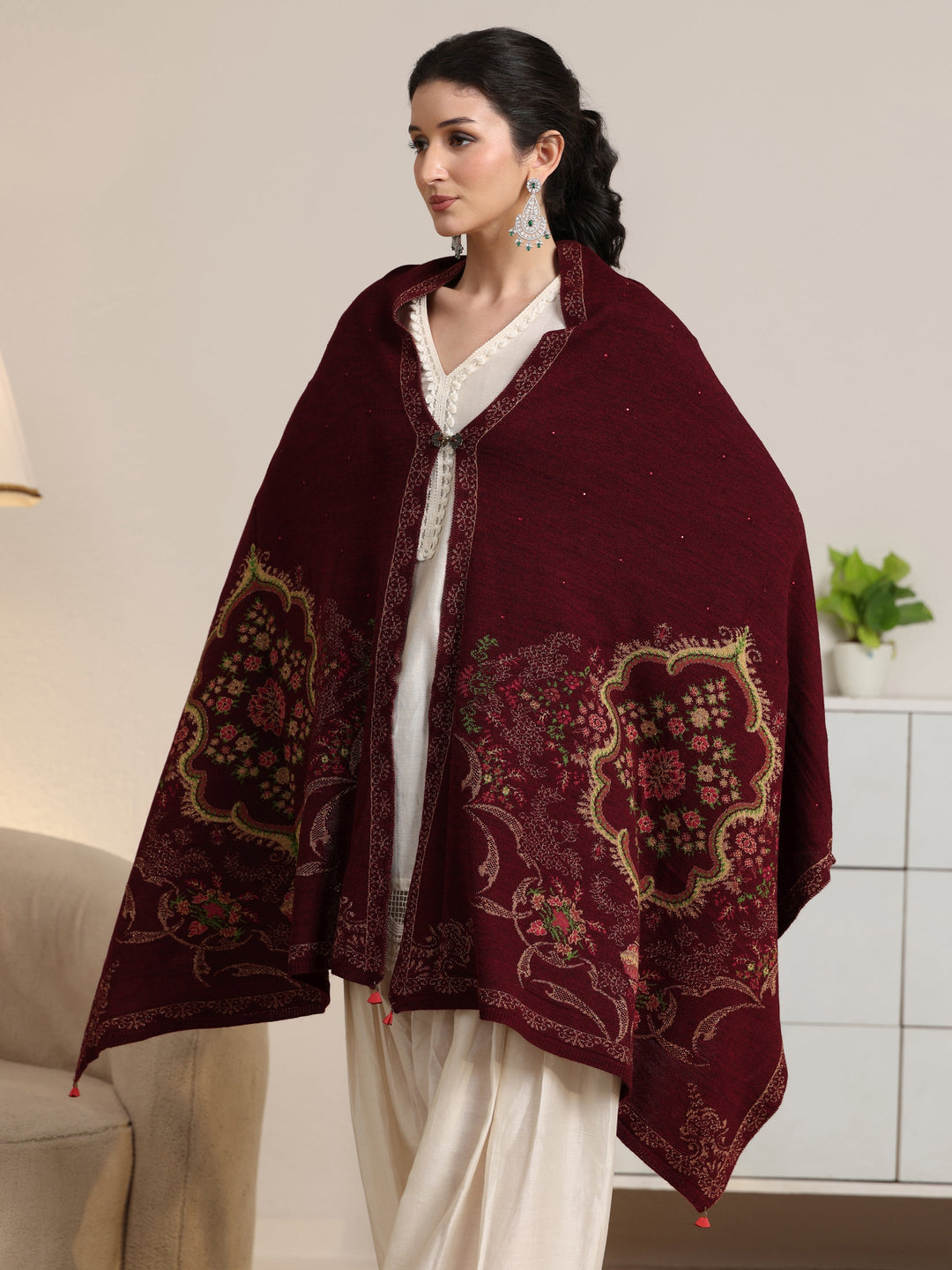  Libas Maroon Floral Knitted Acrylic Wrap Shawl 