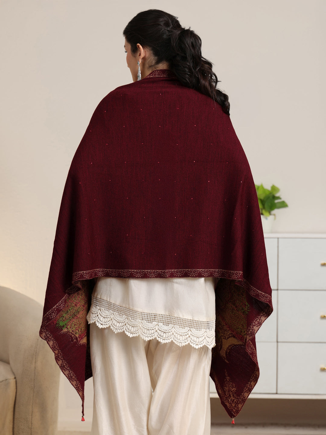  Libas Maroon Floral Knitted Acrylic Wrap Shawl 