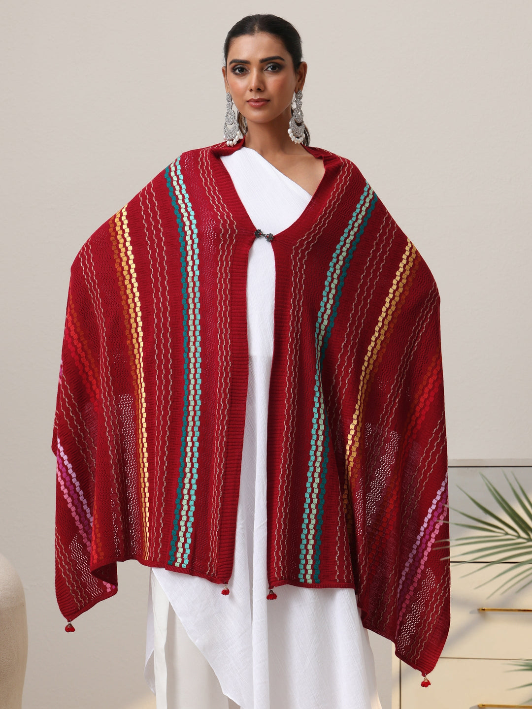  Libas Crimson Red Striped Knitted Acrylic Wrap Shawl 