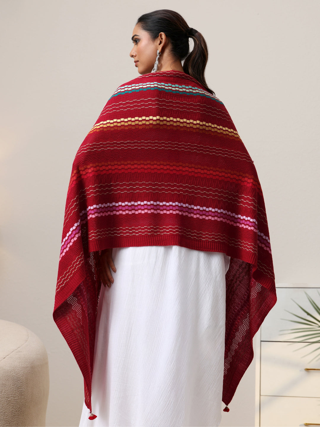  Libas Crimson Red Striped Knitted Acrylic Wrap Shawl 