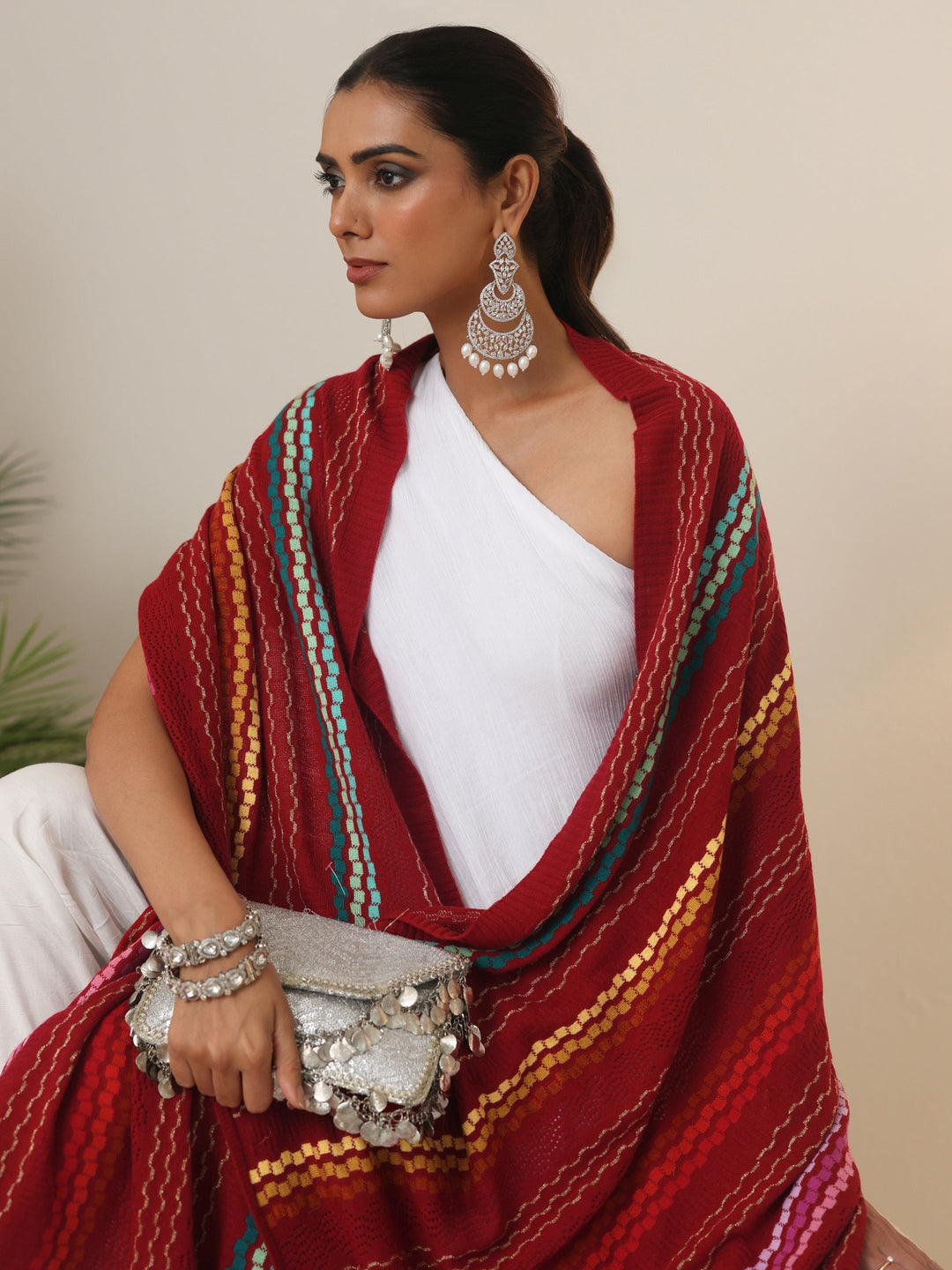  Libas Crimson Red Striped Knitted Acrylic Wrap Shawl 