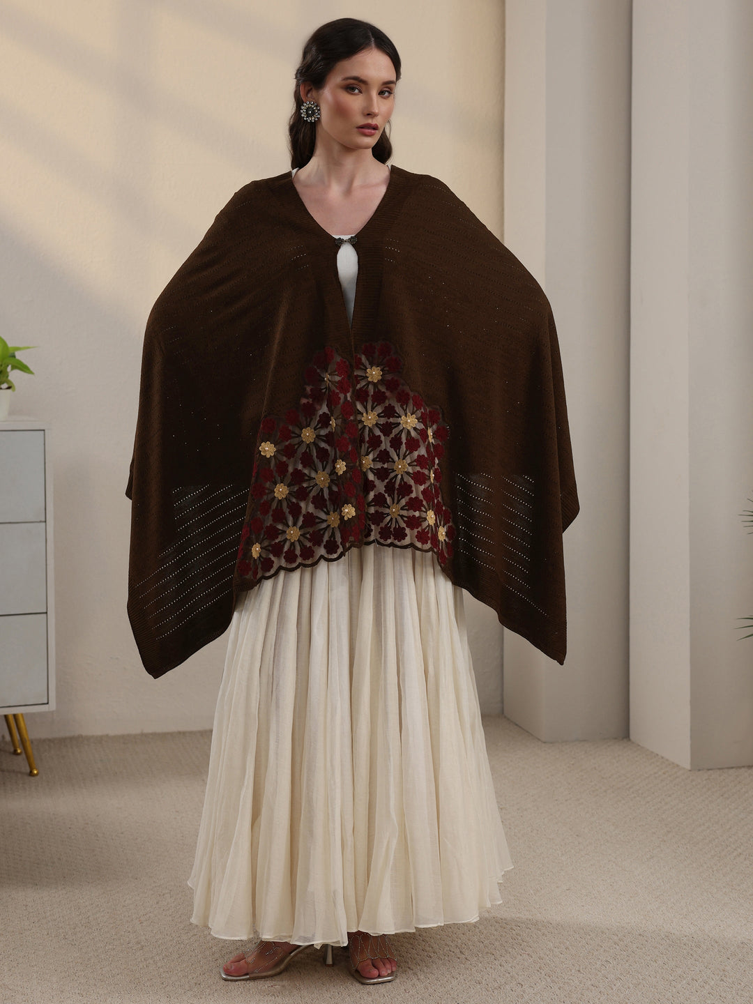  Libas Chocolate Brown Floral Embroidered Acrylic Wrap Shawl 