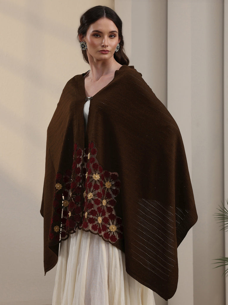Buy Libas Chocolate Brown Floral Embroidered Acrylic Wrap Shawl