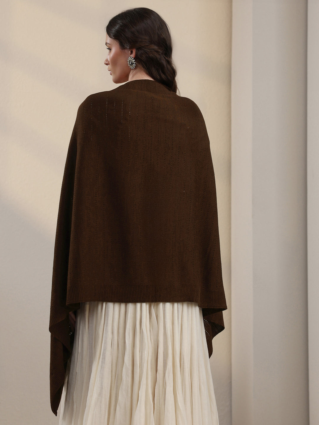  Libas Chocolate Brown Floral Embroidered Acrylic Wrap Shawl 