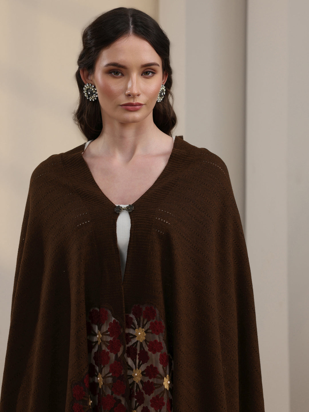  Libas Chocolate Brown Floral Embroidered Acrylic Wrap Shawl 