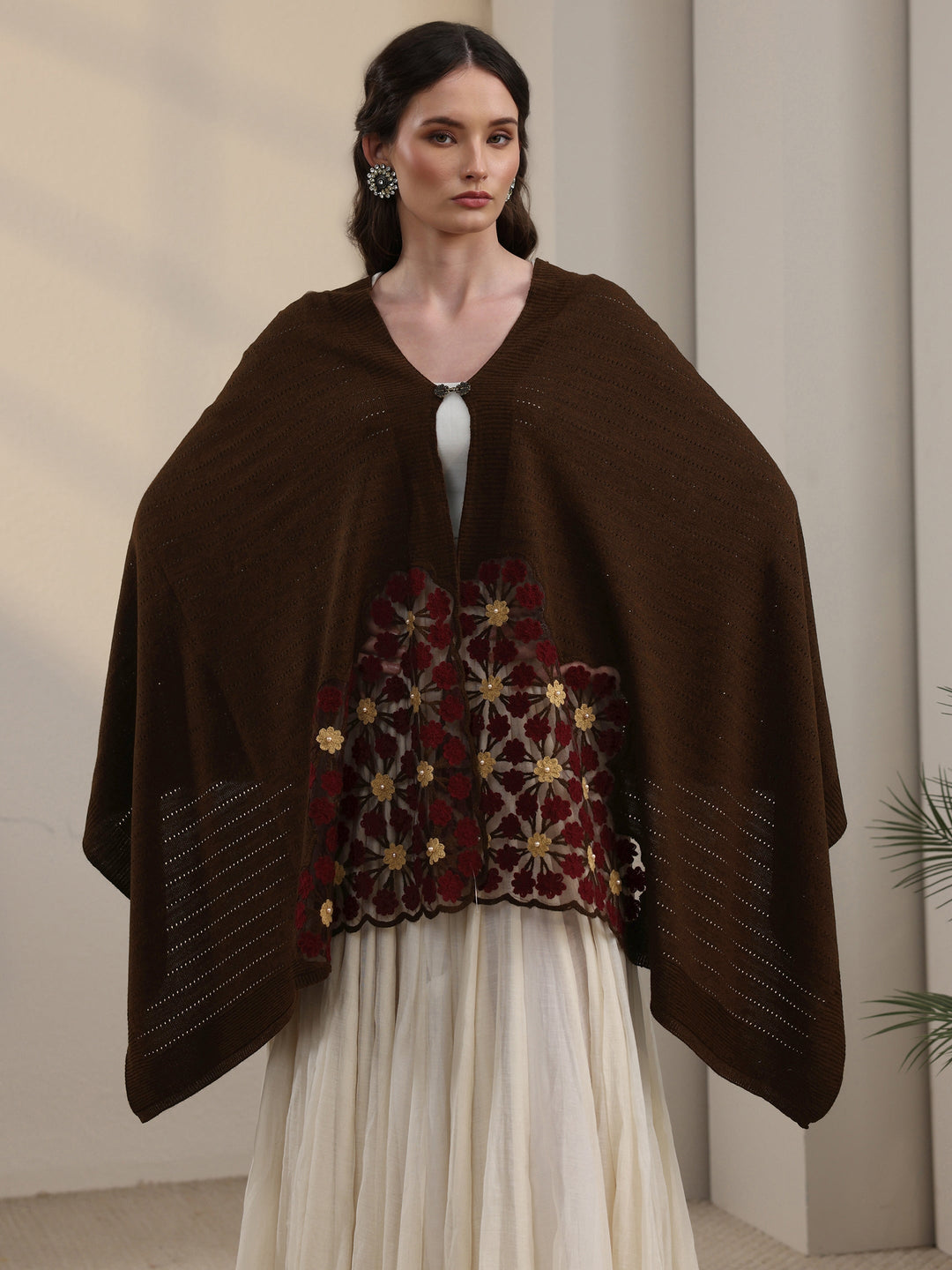  Libas Chocolate Brown Floral Embroidered Acrylic Wrap Shawl 