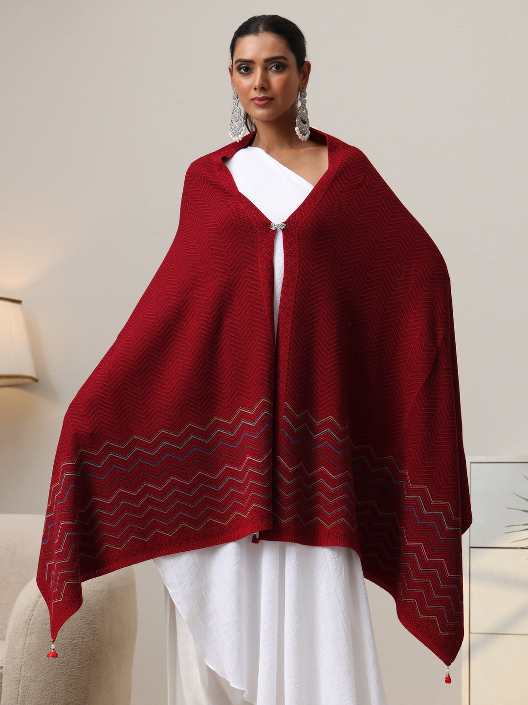  Libas Maroon Chevron Knitted Acrylic Wrap Shawl 
