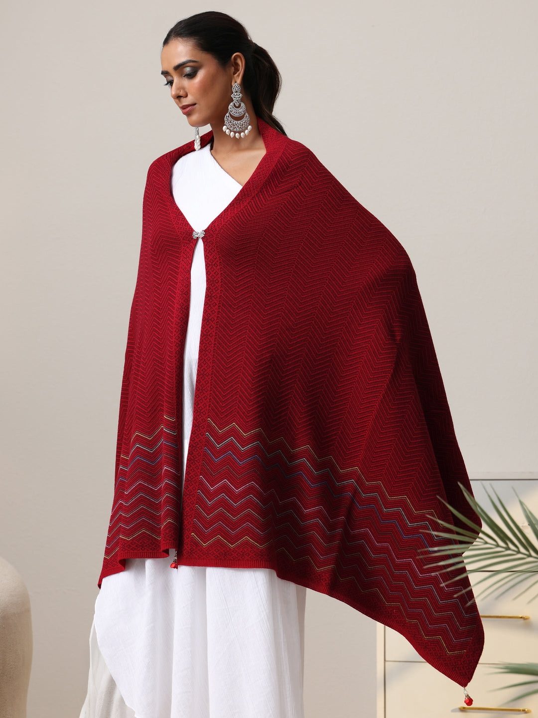  Libas Maroon Chevron Knitted Acrylic Wrap Shawl 