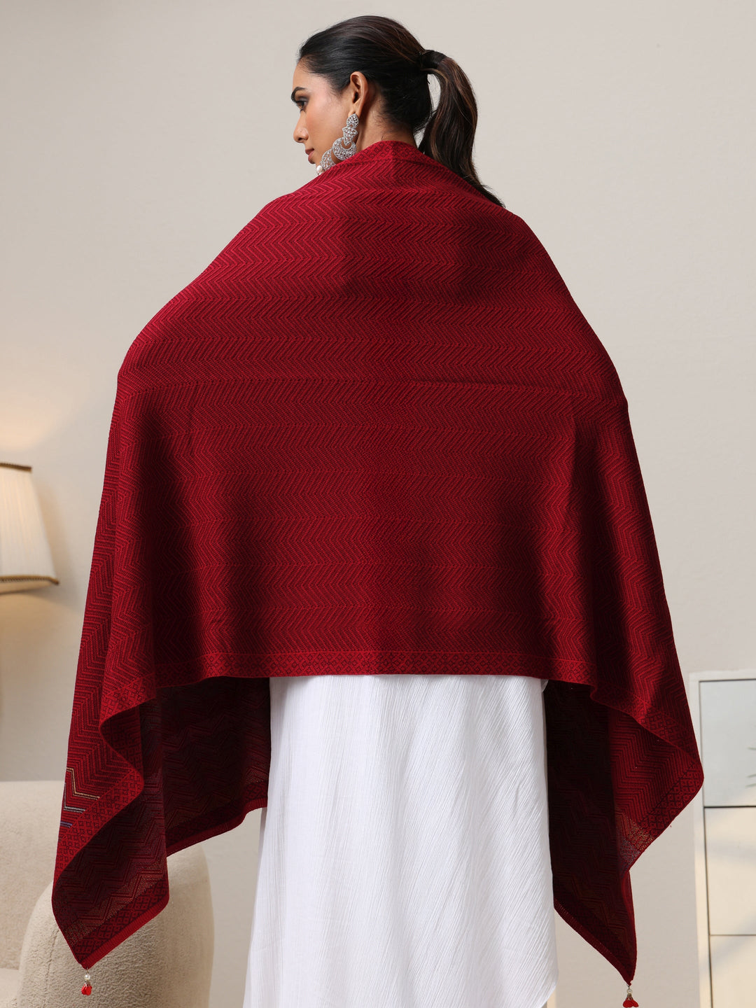  Libas Maroon Chevron Knitted Acrylic Wrap Shawl 
