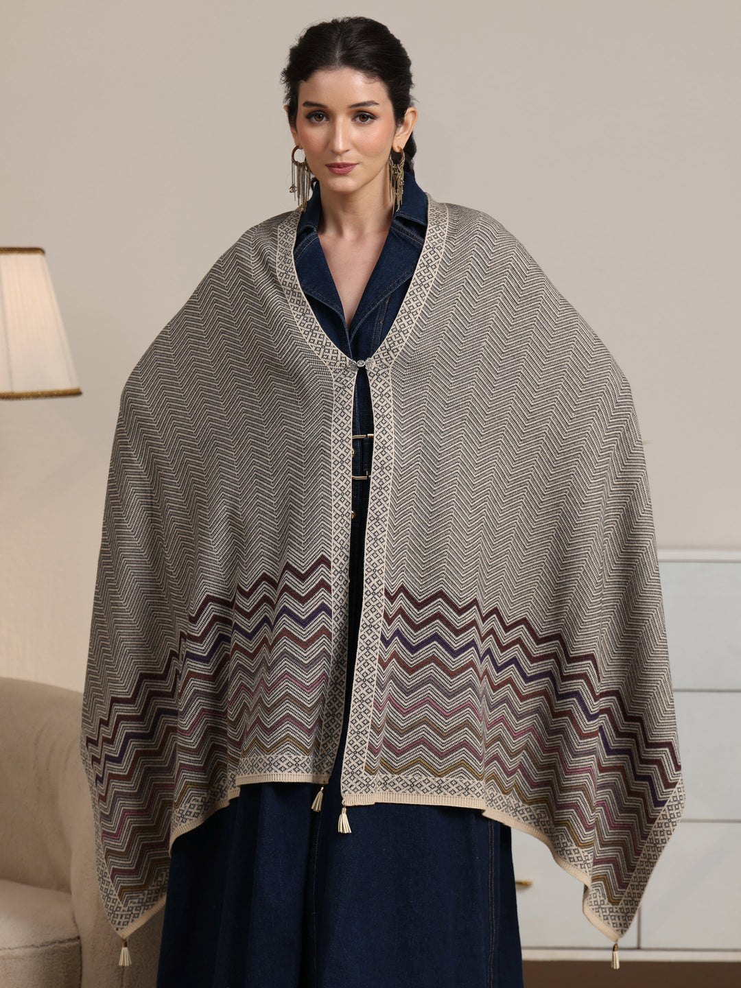  Libas Grey Chevron Knitted Acrylic Wrap Shawl 