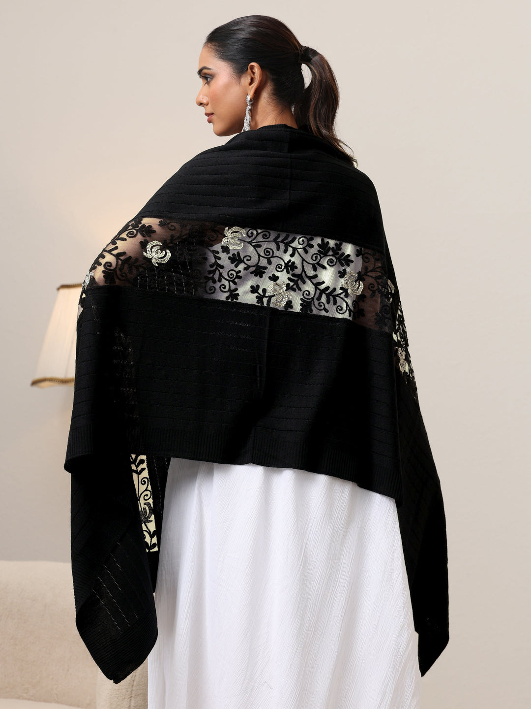  Libas Black Floral Knitted Lace Acrylic Wrap Shawl 
