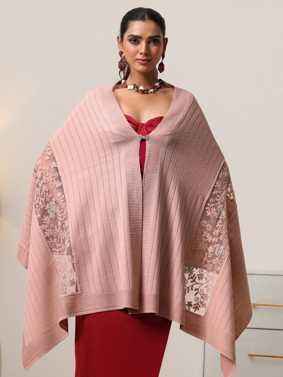  Libas Pink Floral Knitted Lace Acrylic Wrap Shawl 