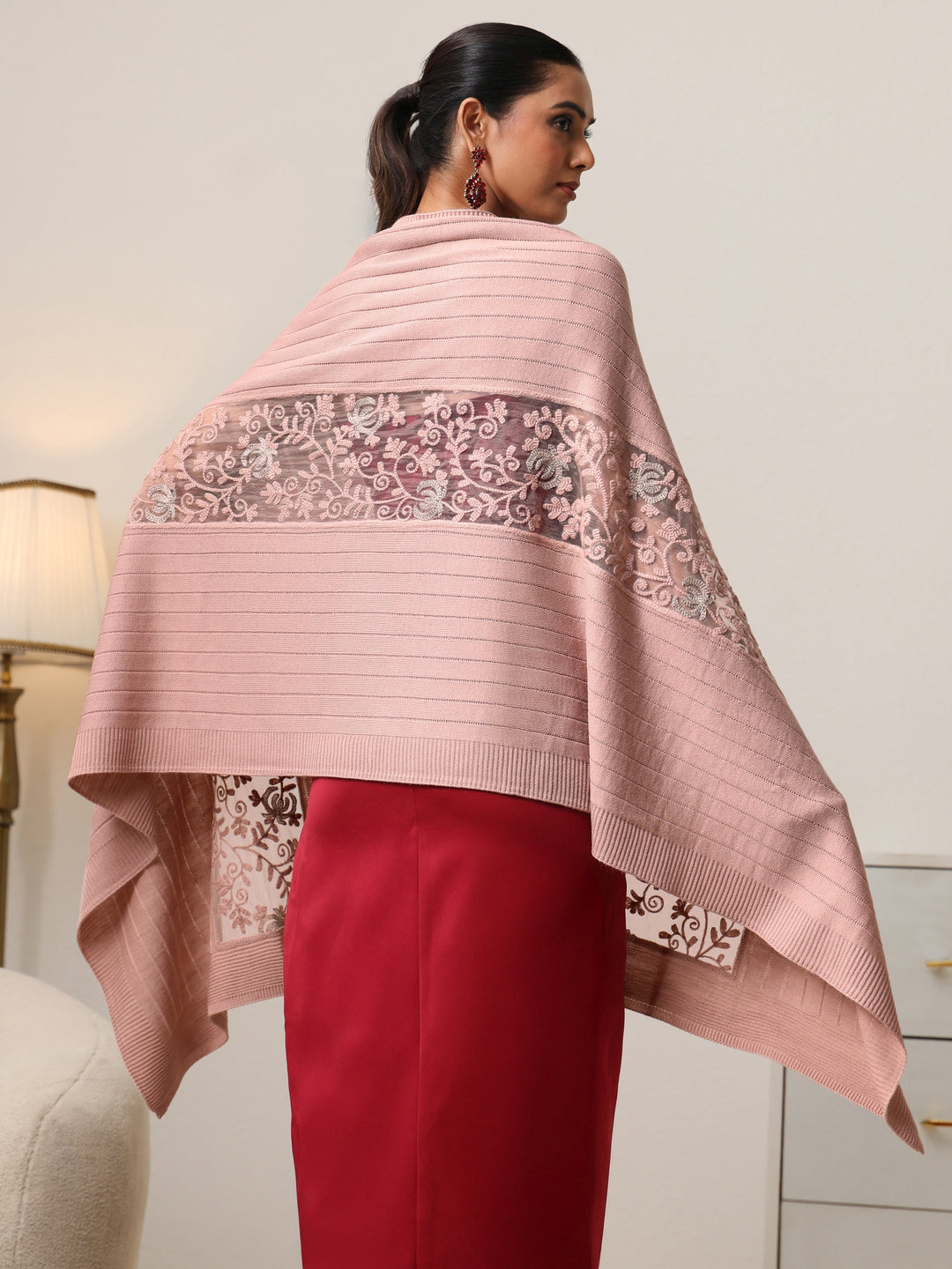  Libas Pink Floral Knitted Lace Acrylic Wrap Shawl 