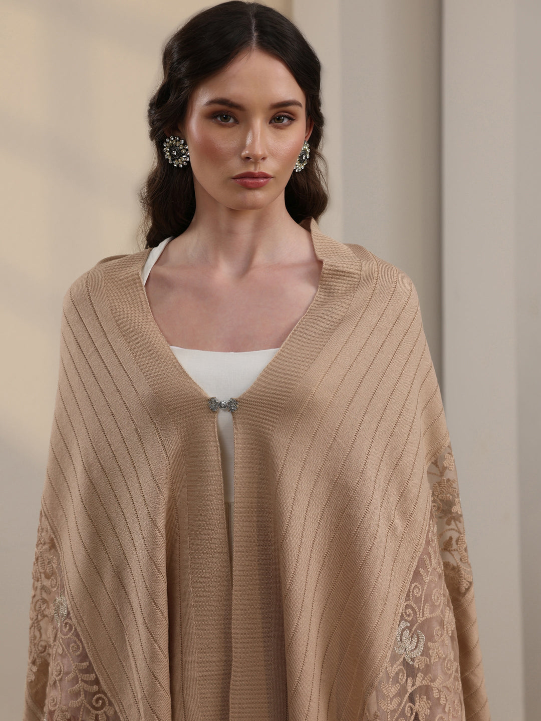  Libas Beige Floral Lace Embroidered Acrylic Wrap Shawl 