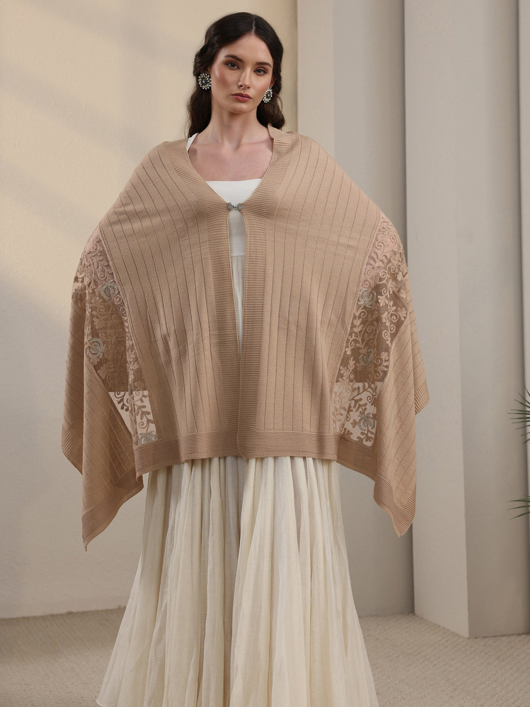  Libas Beige Floral Lace Embroidered Acrylic Wrap Shawl 