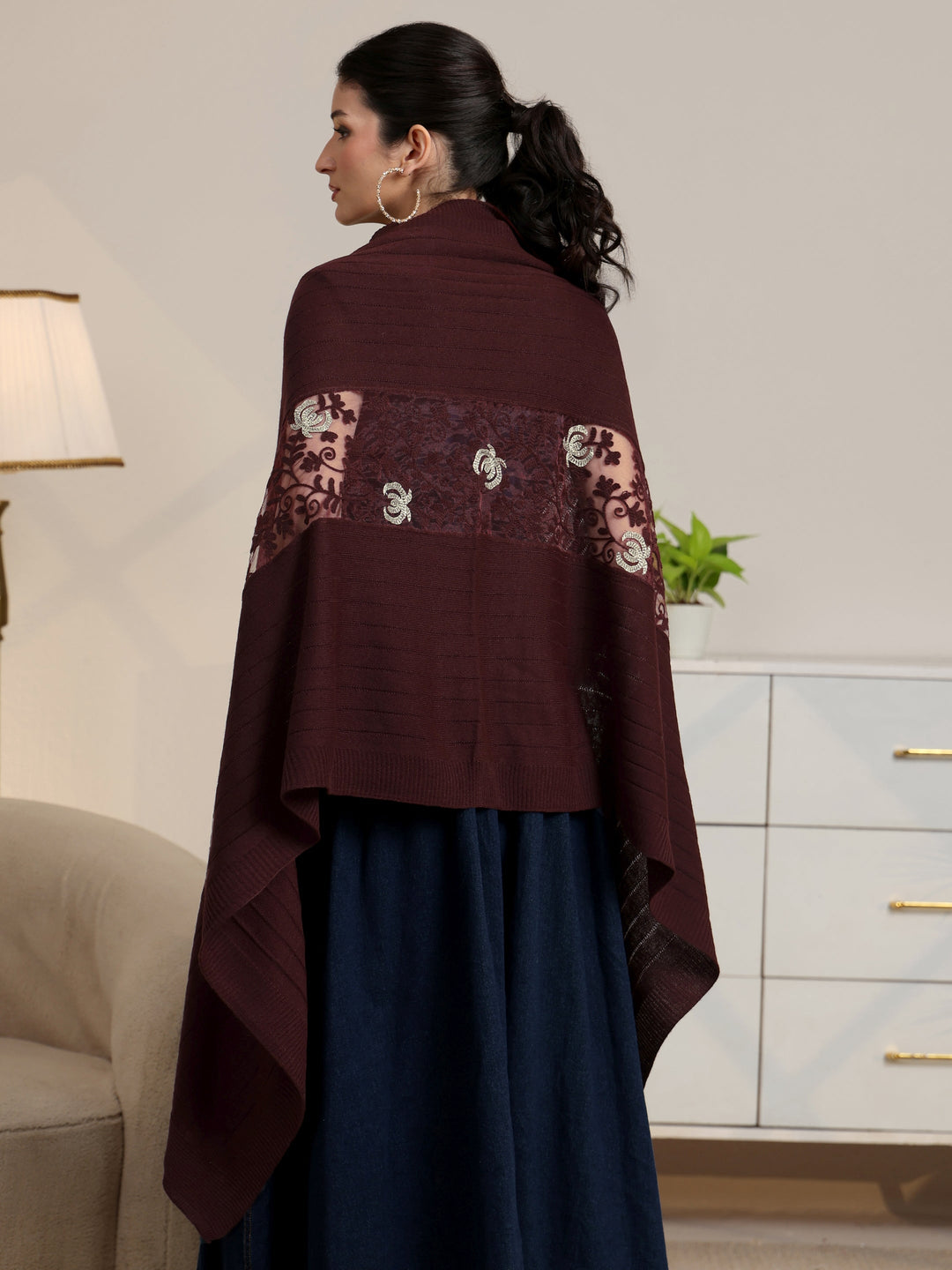  Libas Burgundy Floral Knitted Acrylic Wrap Shawl 