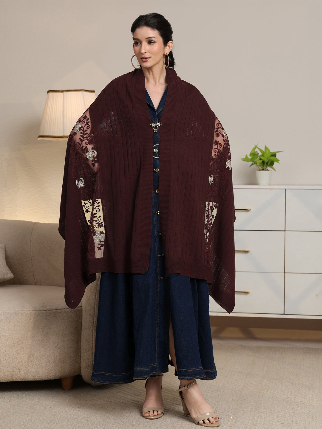  Libas Burgundy Floral Knitted Acrylic Wrap Shawl 