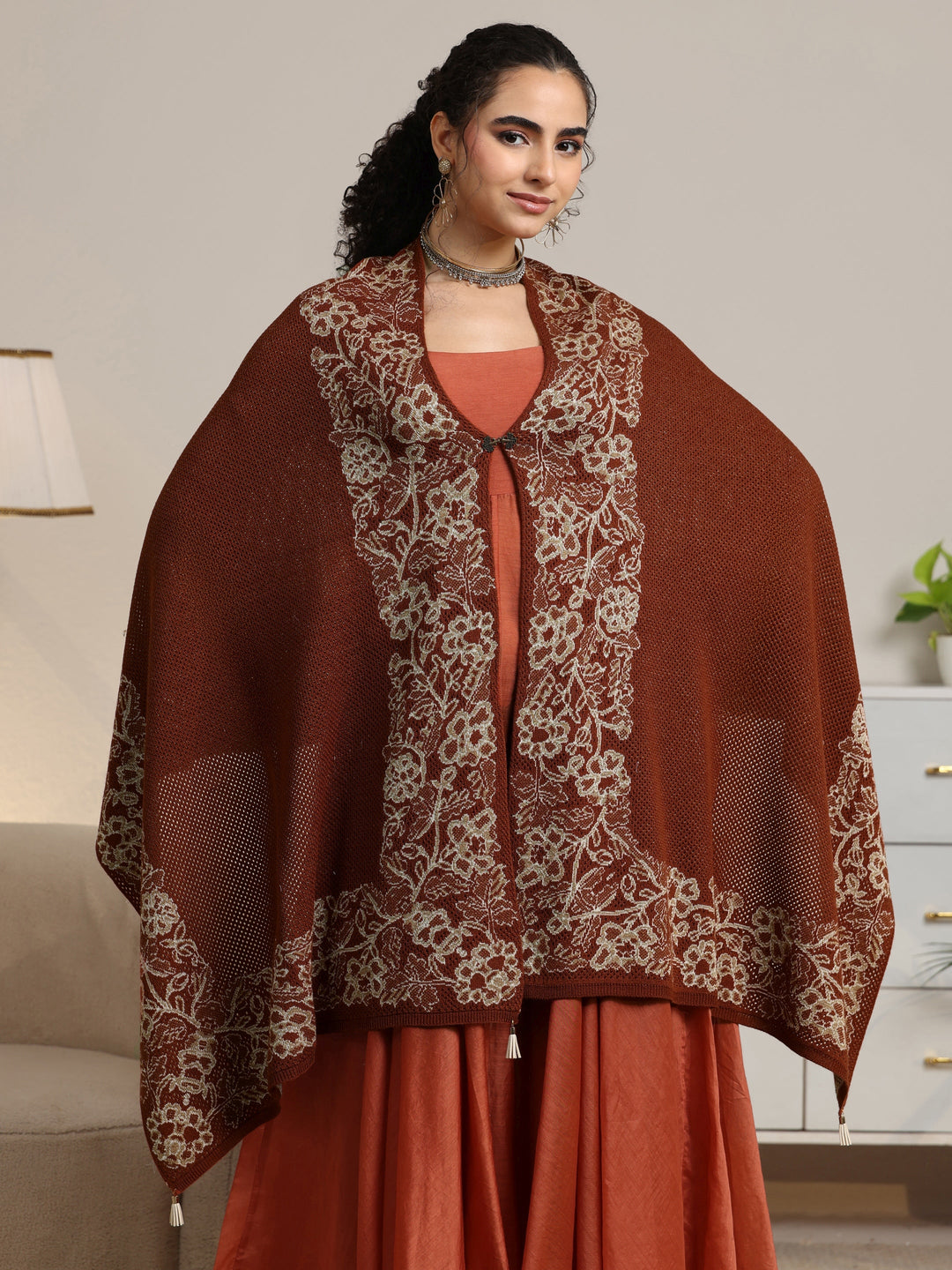  Libas Rust Brown Floral Knitted Acrylic Wrap Shawl 