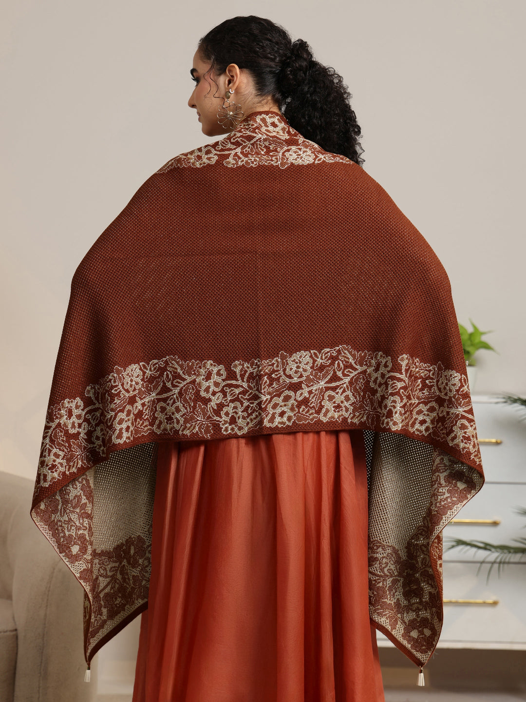  Libas Rust Brown Floral Knitted Acrylic Wrap Shawl 