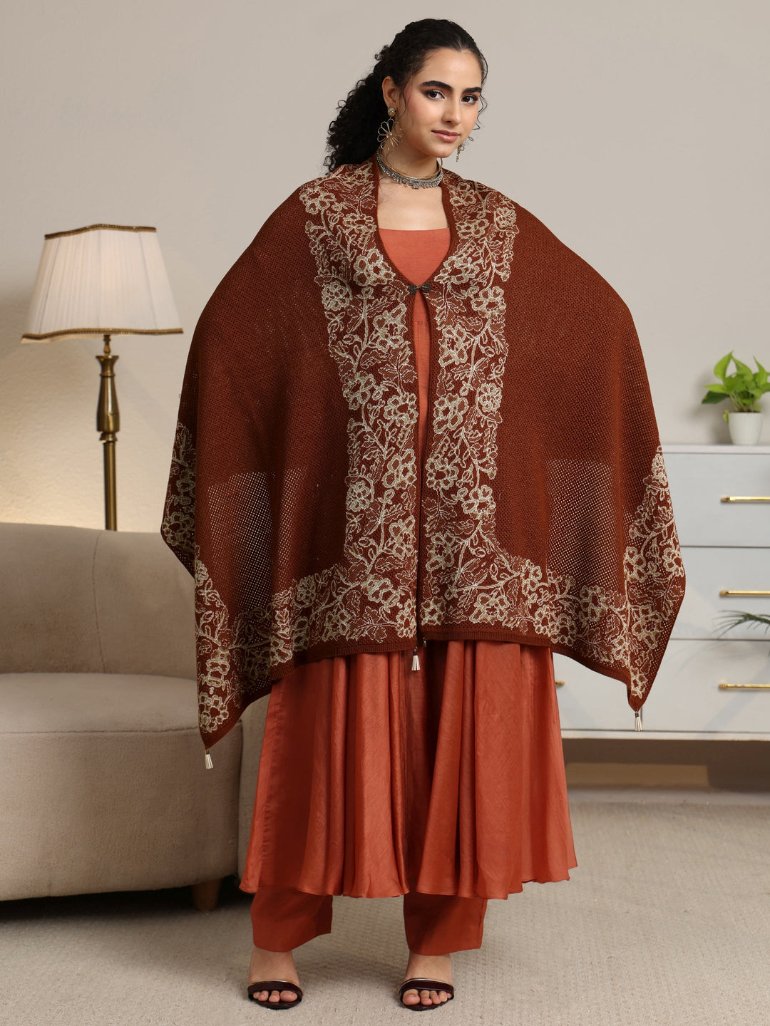  Libas Rust Brown Floral Knitted Acrylic Wrap Shawl 