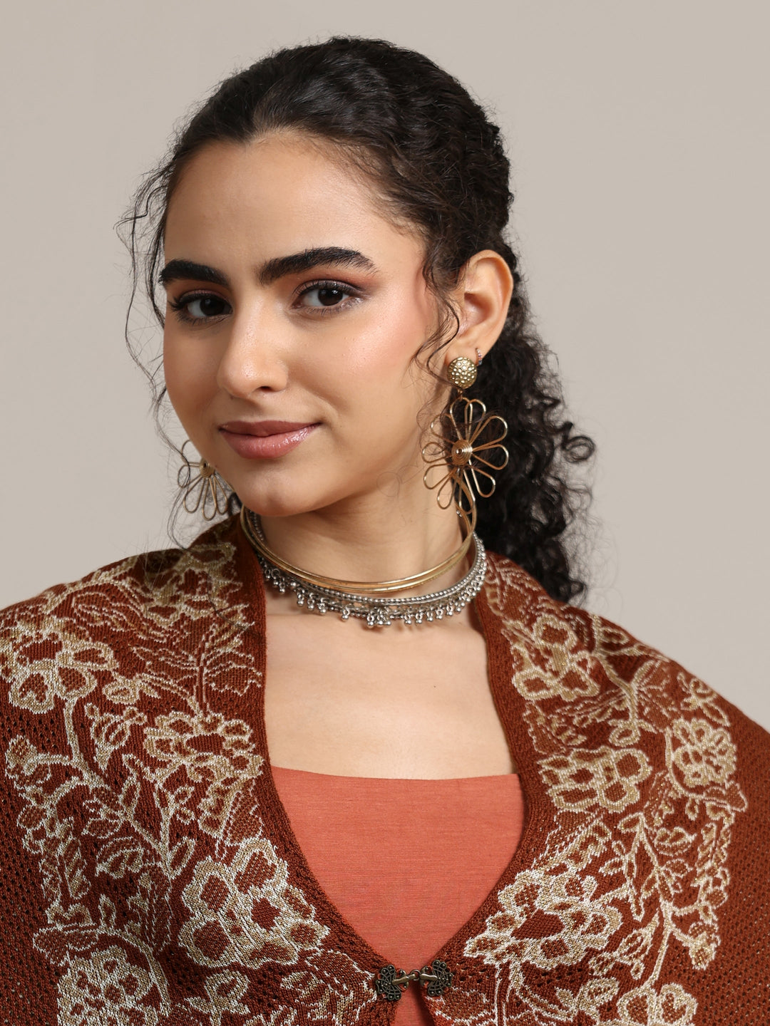  Libas Rust Brown Floral Knitted Acrylic Wrap Shawl 