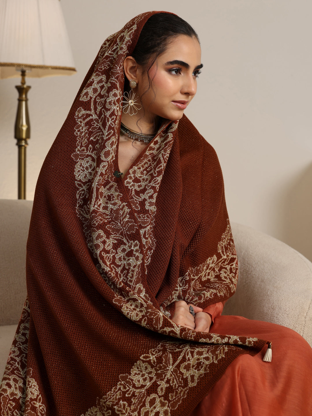  Libas Rust Brown Floral Knitted Acrylic Wrap Shawl 