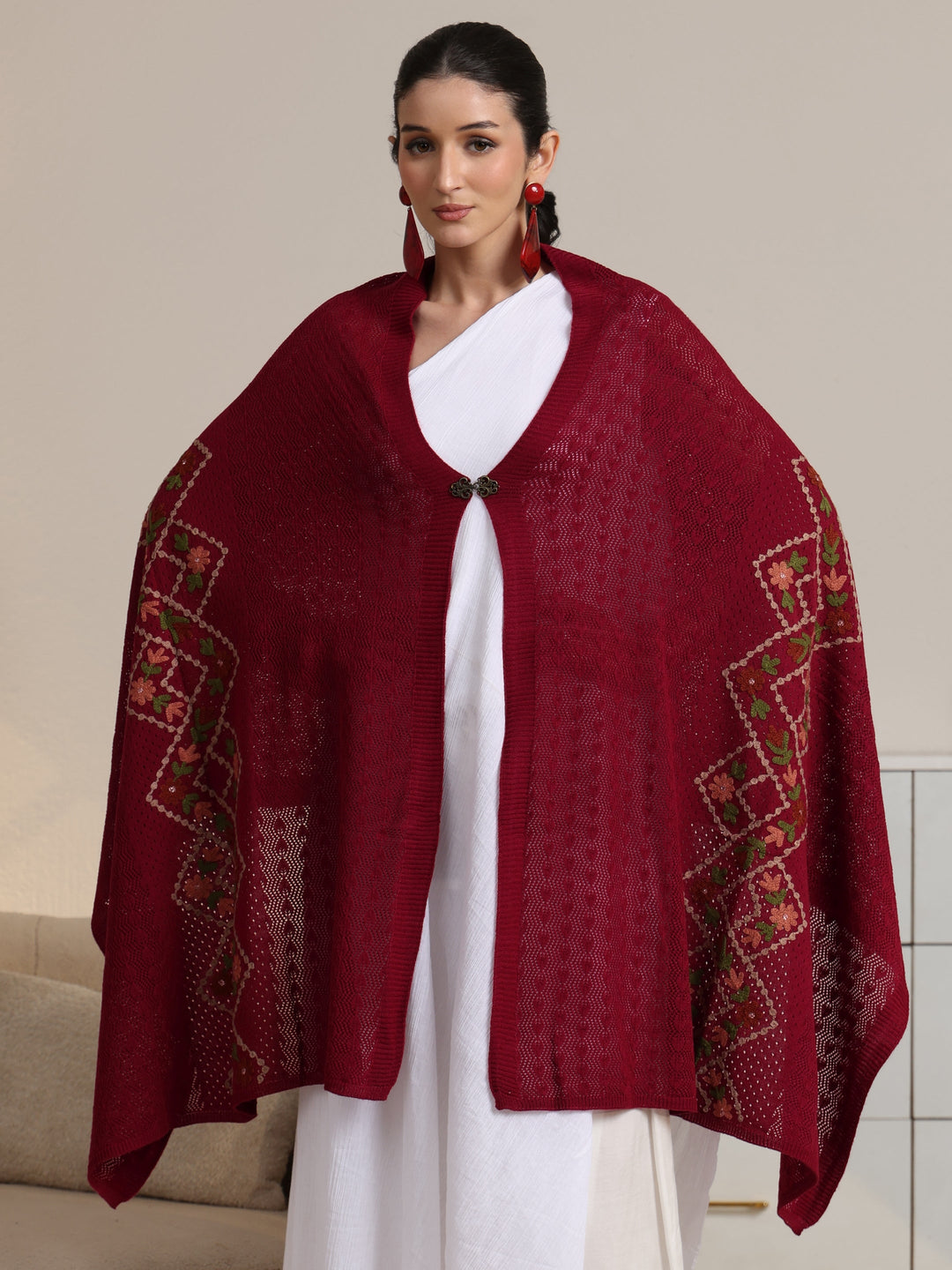  Libas Red Floral Knitted Acrylic Wrap Shawl 