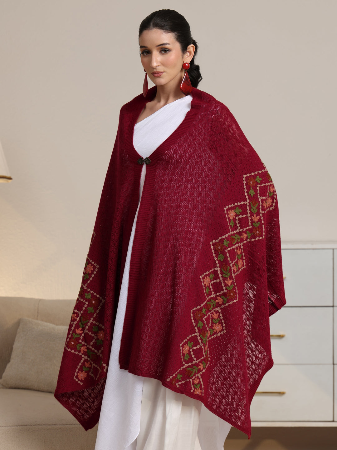  Libas Red Floral Knitted Acrylic Wrap Shawl 