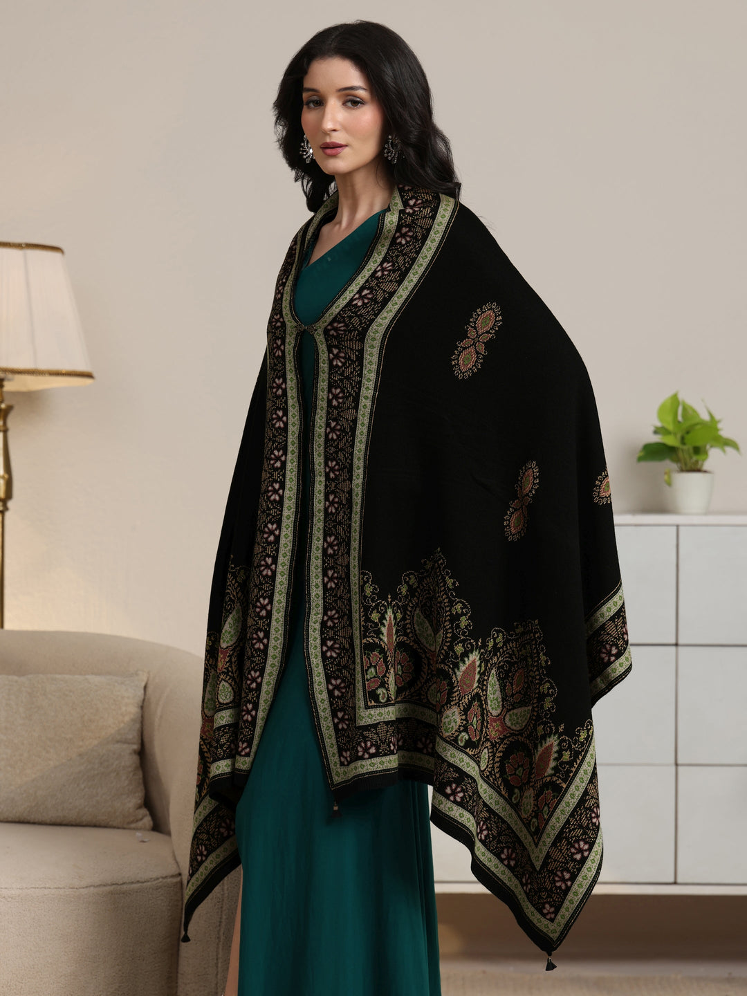  Libas Black Ethnic Knitted Acrylic Wrap Shawl 