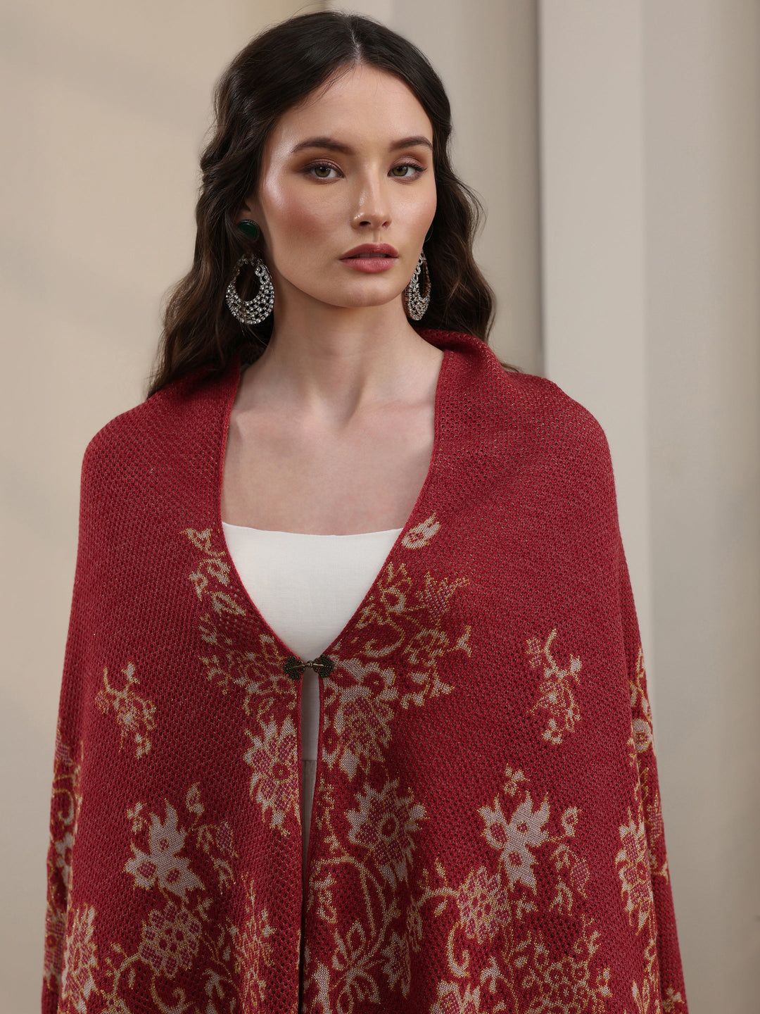  Libas Rust Floral Mesh Knitted Acrylic Wrap Shawl 