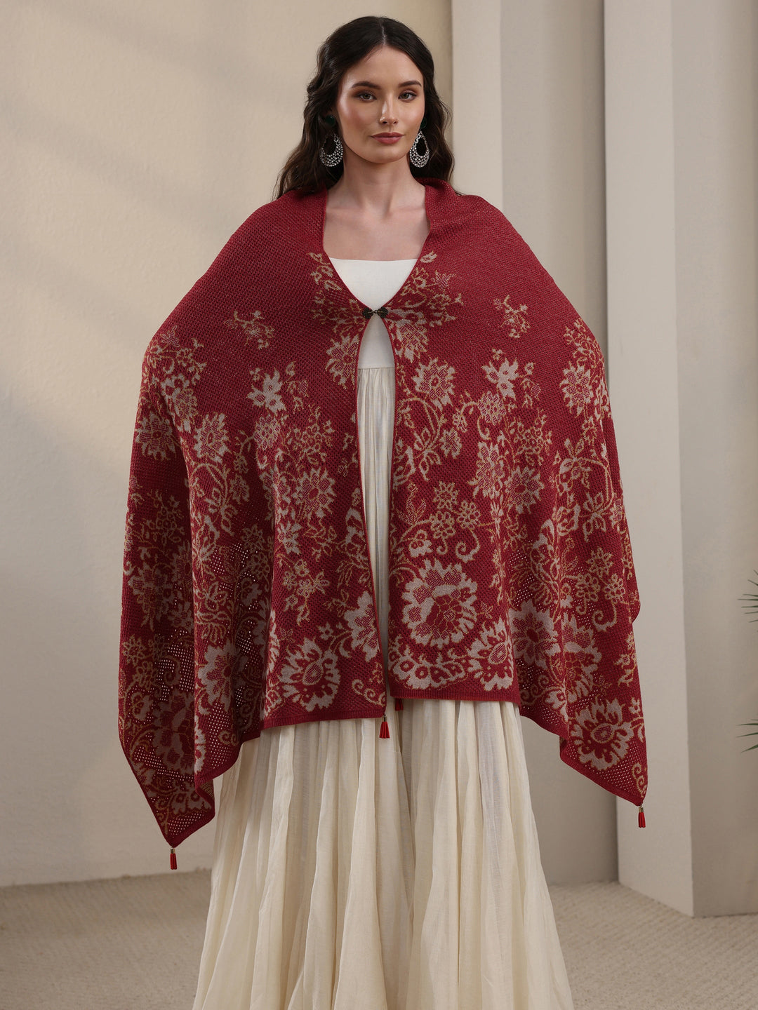  Libas Rust Floral Mesh Knitted Acrylic Wrap Shawl 
