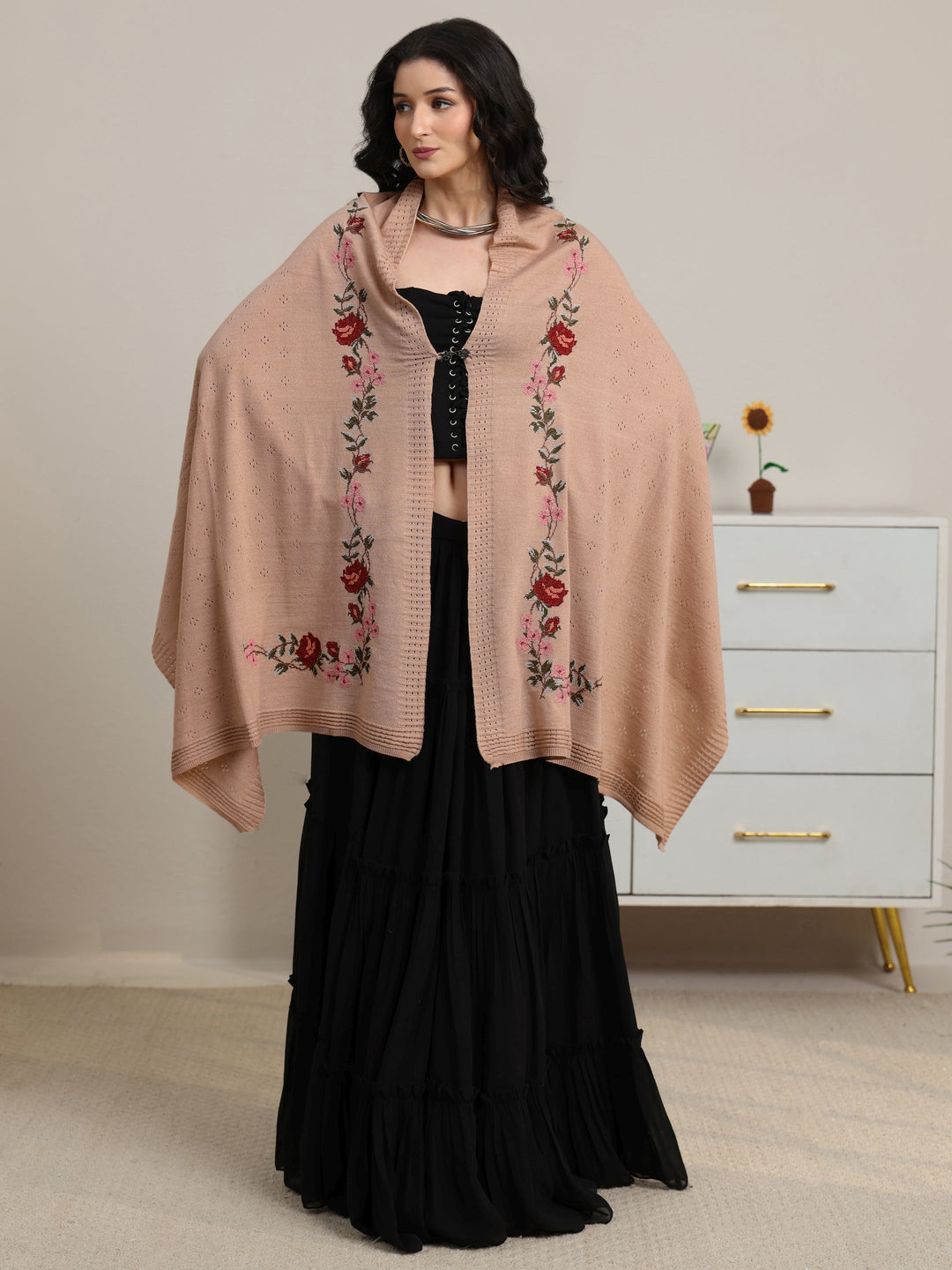  Libas Beige Floral Knitted Acrylic Wrap Shawl 