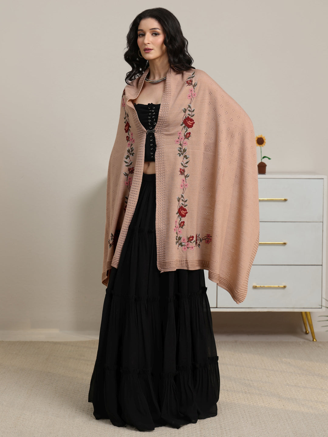  Libas Beige Floral Knitted Acrylic Wrap Shawl 