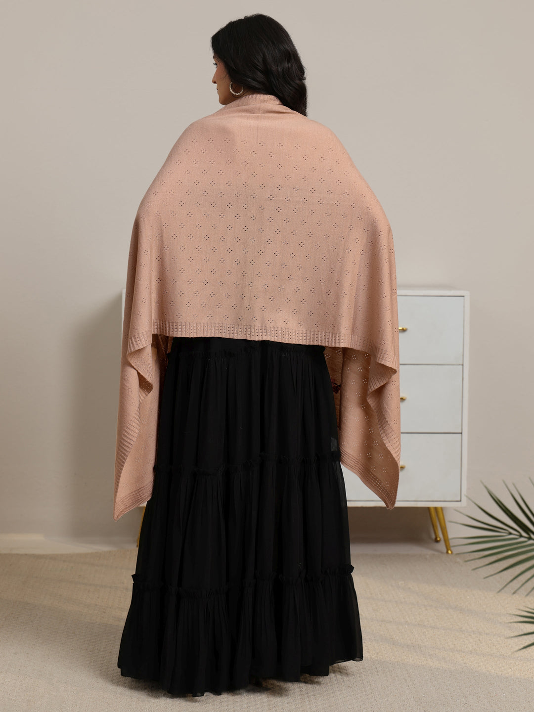  Libas Beige Floral Knitted Acrylic Wrap Shawl 