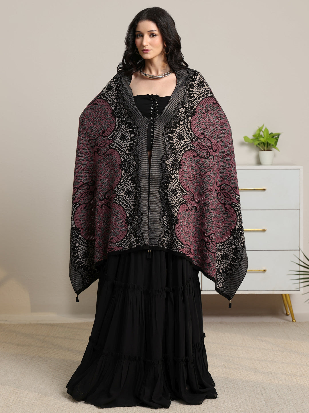  Libas Pink Ethnic Knitted Acrylic Wrap Shawl 